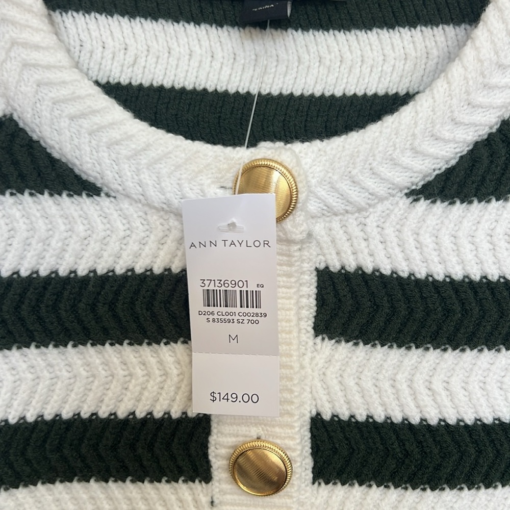NWT Ann Taylor striped stitch jacket/cardigan sweater. Dark green/cream. Medium - Picture 3 of 10